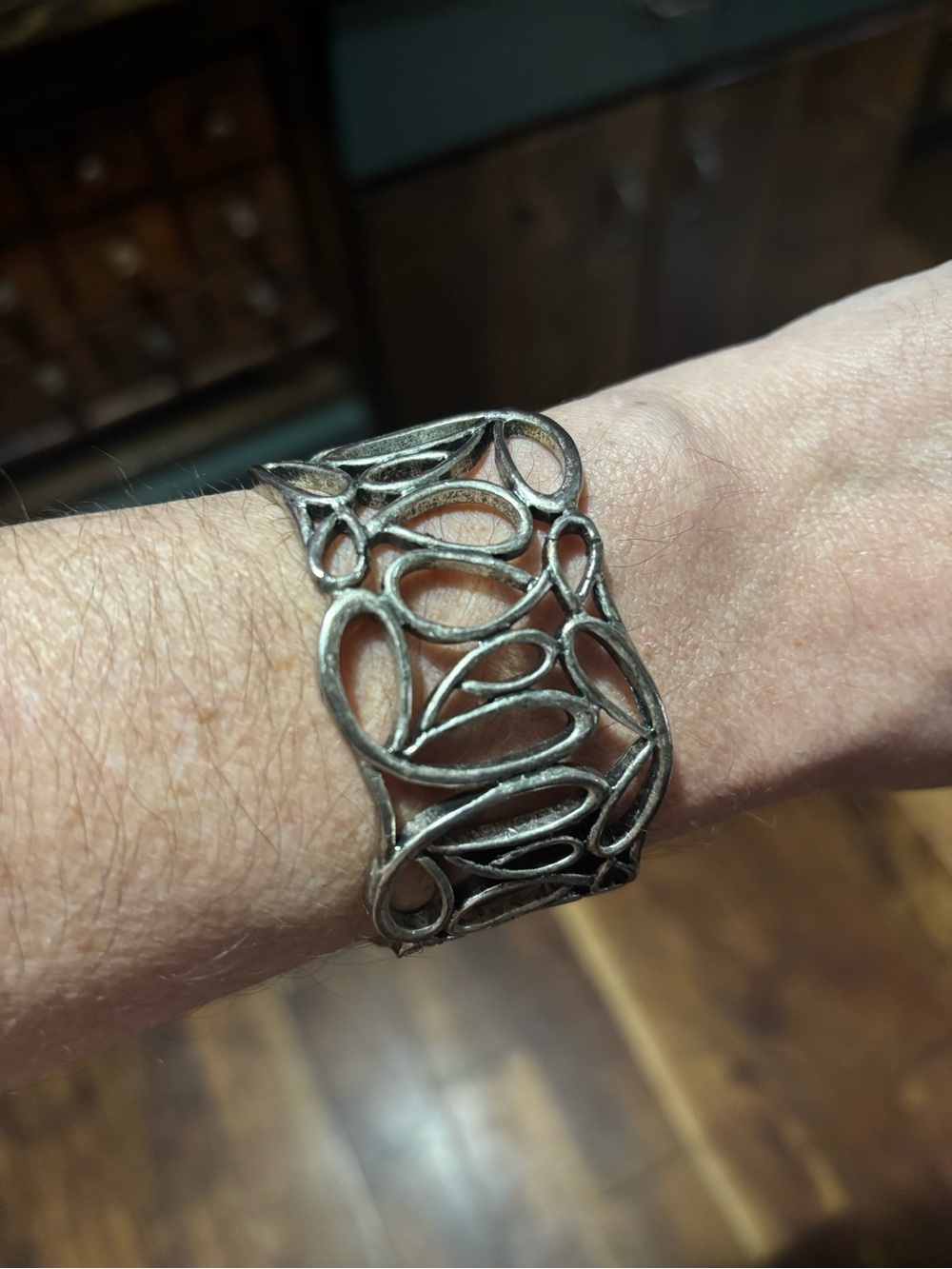 Silver cuff bracelet open work squiggles and spirals vintage jewelry
